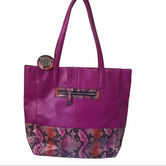 Kate Landry NEW Leather Snake Animal Print Tote Bag Shoulder Satchel FOB Pink - Picture 1 of 16